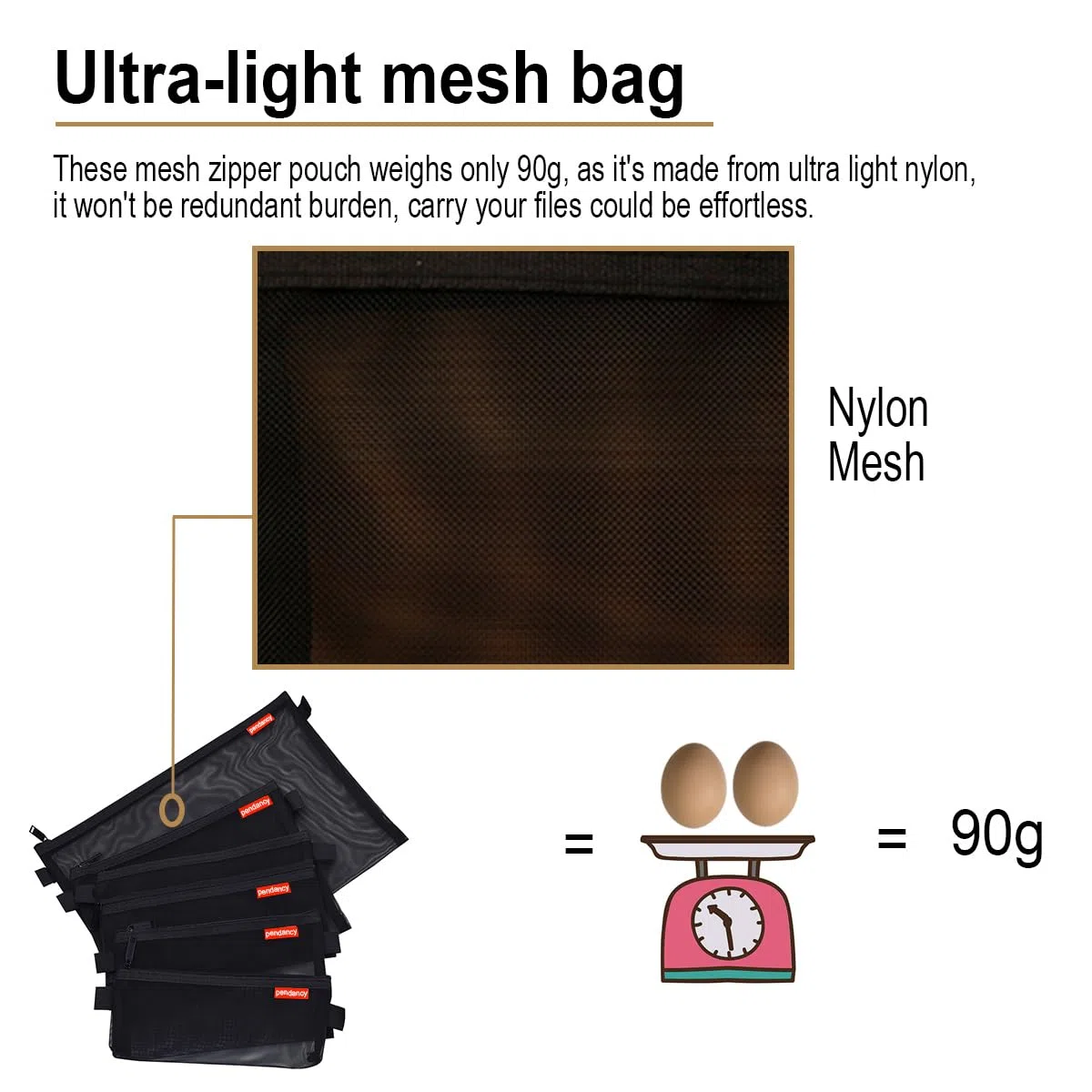 Pendancy Astuccio da viaggio e ufficio in nylon, ultra leggero, con cerniera, in rete, dimensioni assortite, 5 pezzi (nero, assortito)