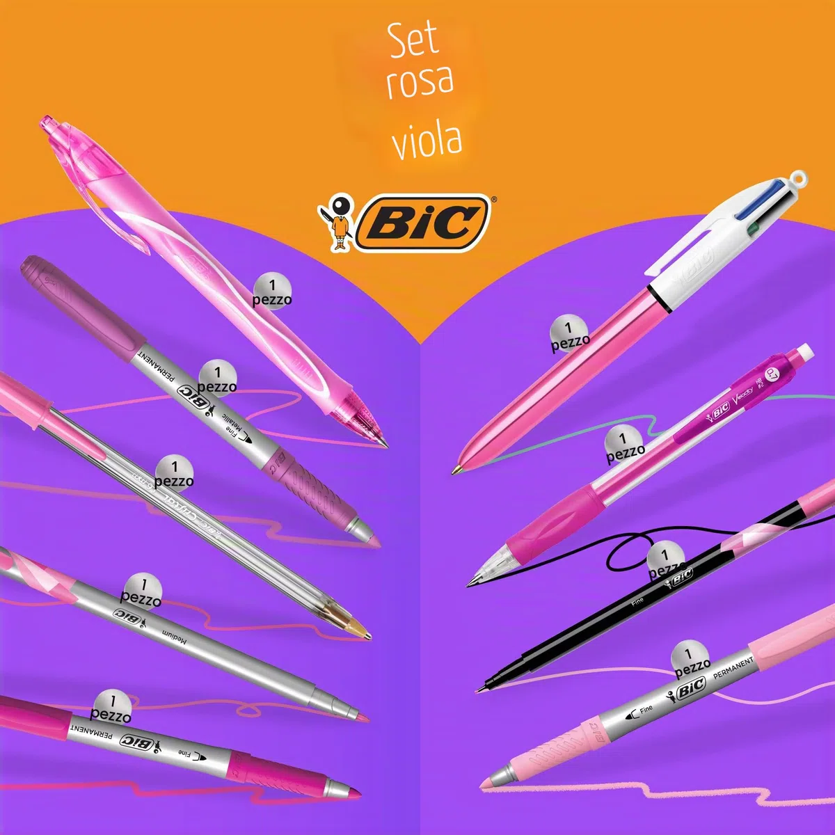 BIC Pink & Purple, Set Con Astuccio, 2 Penne A Sfera, 1 Penna Gel Cancellabile, 1 Pennarello Punta Fine, 1 Matita in Grafite, 1 Fineliner punta media, 3 Pennarelli Indelebili, Kit Scrittura, 10 Unità