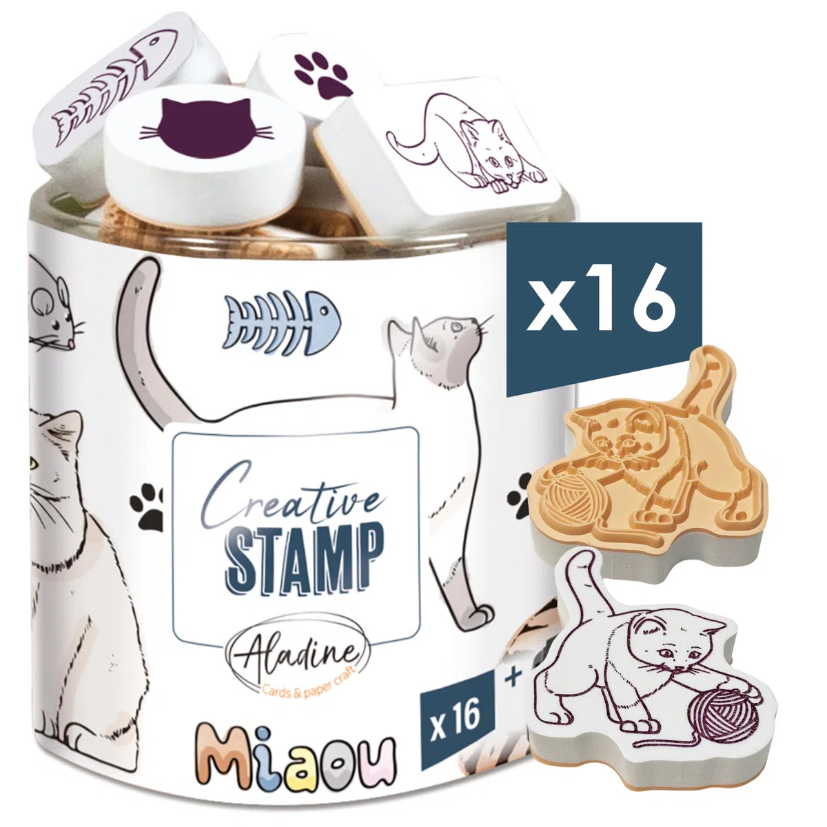 Aladine -16 Timbri Gatti con Inchiostratore - Schiuma & Gomma - per Carteria, Bullet Journal, Scrapbooking, Hobby, Disegno - Creative Stamp - Idea Regalo Bambino Adulto, 03714