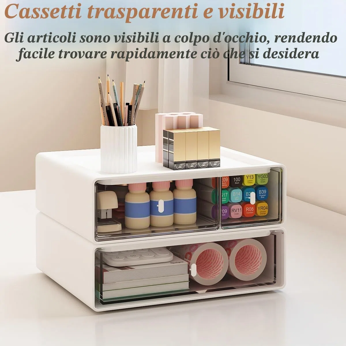 Organizzatore da scrivania - Cassetti - Scatola portaoggetti impilabile con 3 cassetti - Unità portaoggetti bianca - Cassetto per cancelleria casa, scuola (2 strati piatti)