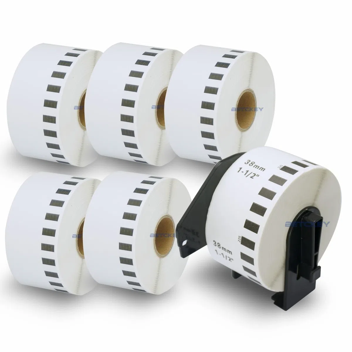 BETCKEY - 6 Rotoli DK-22225 Etichette a Lunghezza Continua Compatibile con Brother, 38mm x 30.48m, 6 Etichette per Stampanti di Etichette Brother QL (1 Portaetichette Riutilizzabili)