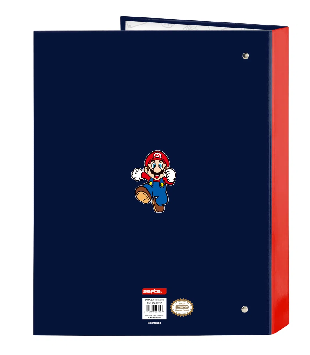 SUPER MARIO WORLD - Cartella con fogli 4 anelli, ideale per bambini di diverse età, comoda e versatile, qualità e resistenza, 26,5 x 33 cm, colore blu navy