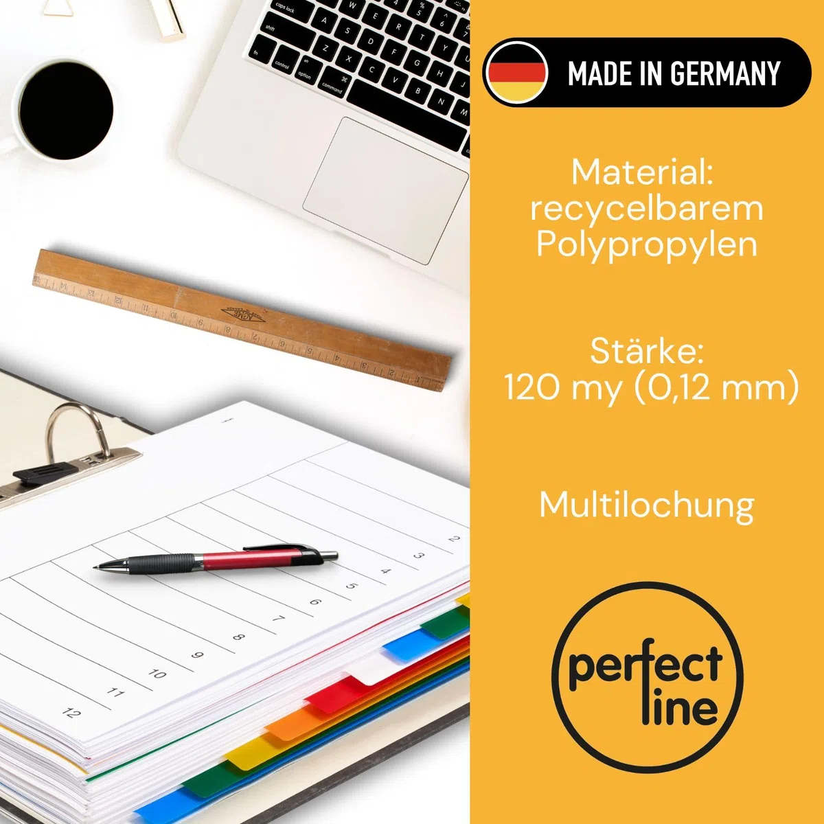 perfect line Divisori raccoglitori ad anelli DIN-A4, Plastica, PP, 12 pezzi, set da 5, separatori raccoglitore ad anelli A4, MADE IN GERMANY