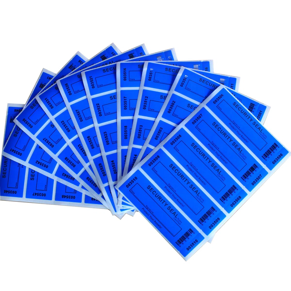 TamperSeals Group - 50pcs Non Trasferibile Antimanomissione di Sicurezza “VoidOpen” Etichette/Adesivi/Sigilli (Blu, 35 X 120 mm, Numeri di Serie Tripli)