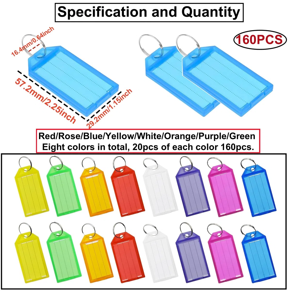 HUAZIZ 160 Pezzi Targhette Portachiavi Scrivibile, Portachiavi Plastica con Etichette in Carta Bianca Coperture Trasparenti e Anelli Spaccati Robusti Identificatori di Articoli, 8 Colori
