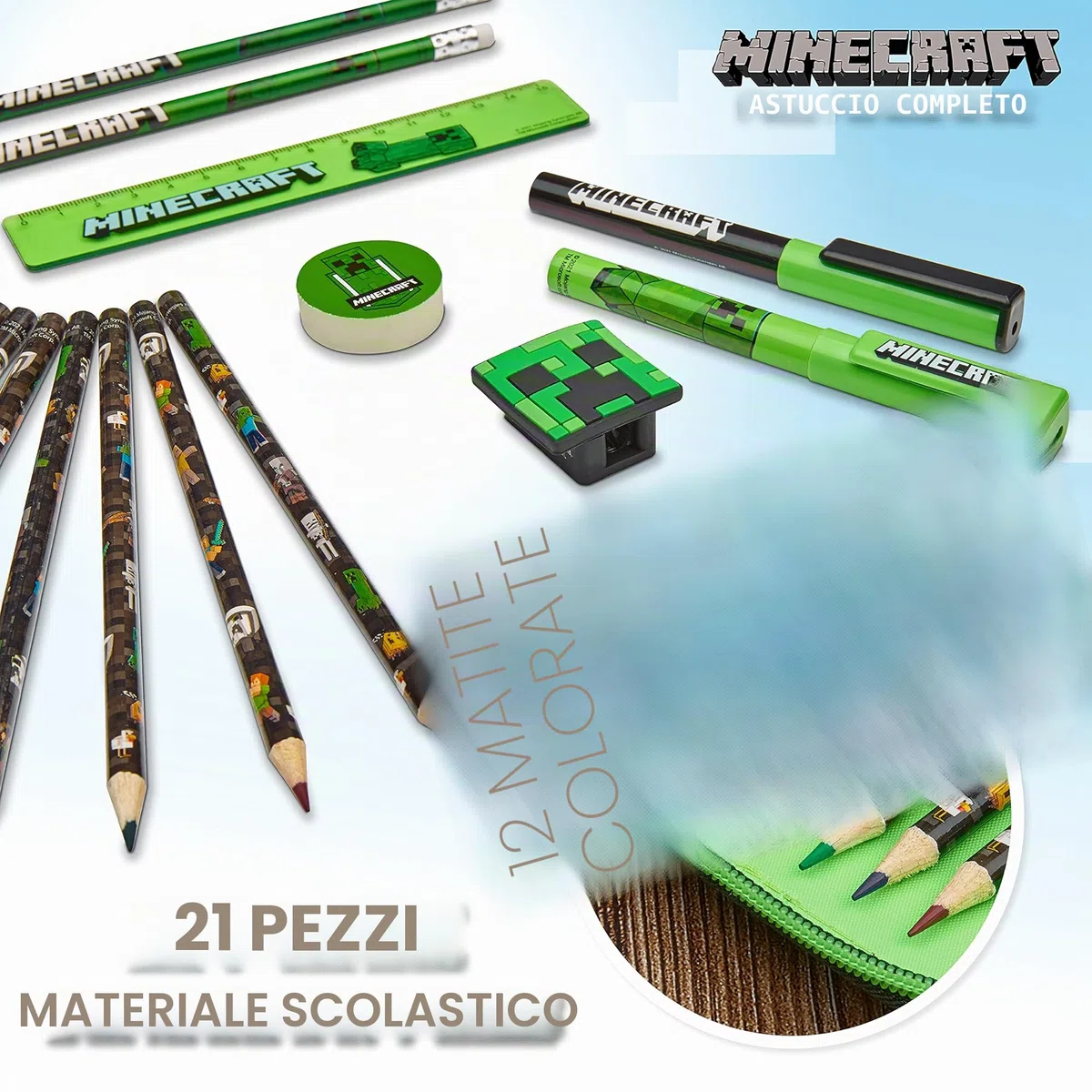 Minecraft Astuccio Matite per Bambini con Scomparti Multipli, Include Accessori Scuola (Nero)