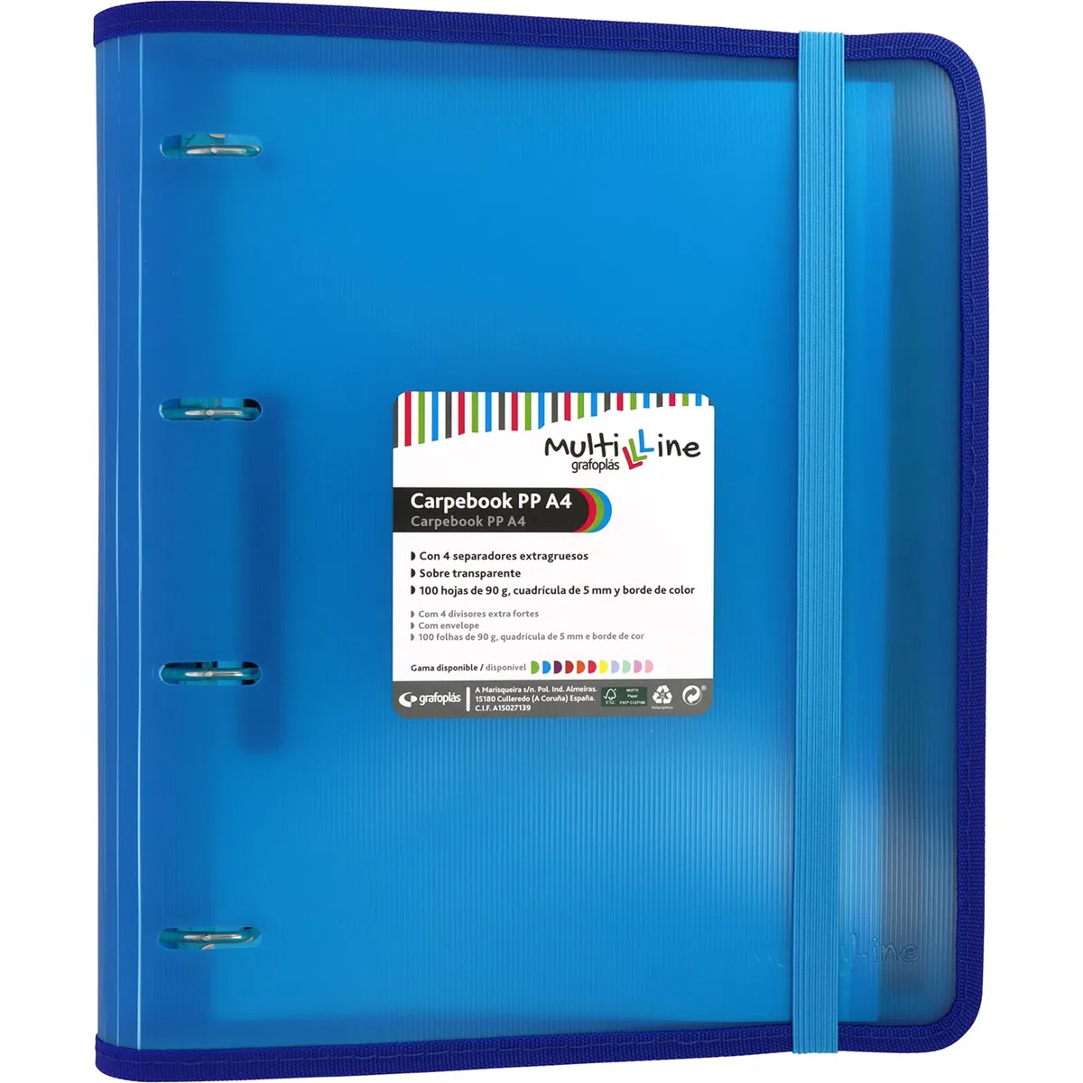 Grafoplás 88100030 Carpebook Multiline a 4 anelli fustellati con ricambio e divisori, A4, blu, polipropilene a righe, Carpebook Multiline