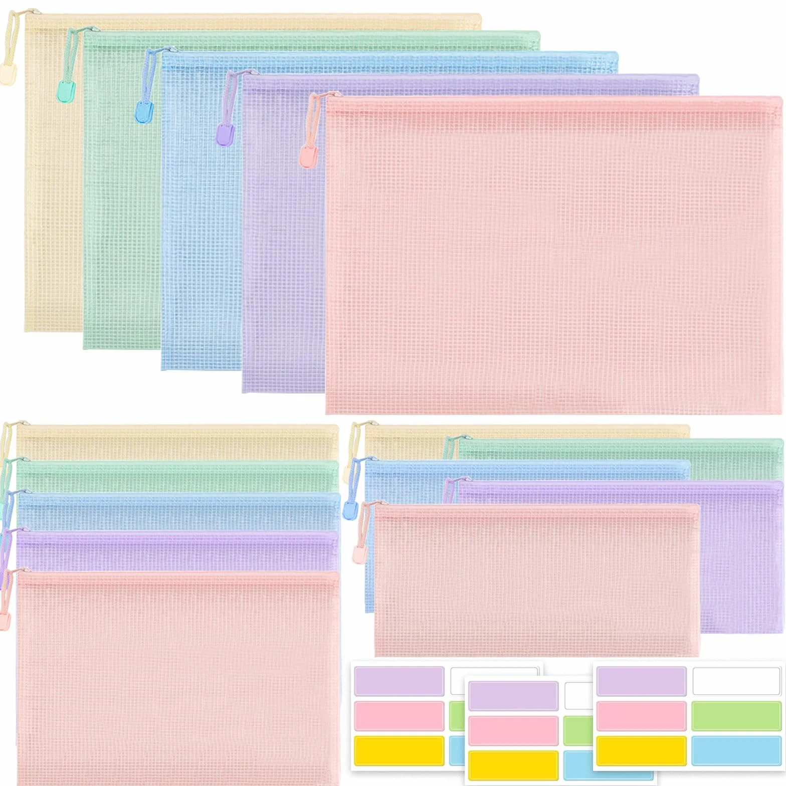 15 Pezzi Borse di File Mesh A4/A5/A6, Busta Porta Documenti con Cerniera, Buste Plastica Zip, Sacchetto di Zip Impermeabile, Buste a Rete Organizzatrici Documenti con Zip, per Ricevute, Documenti