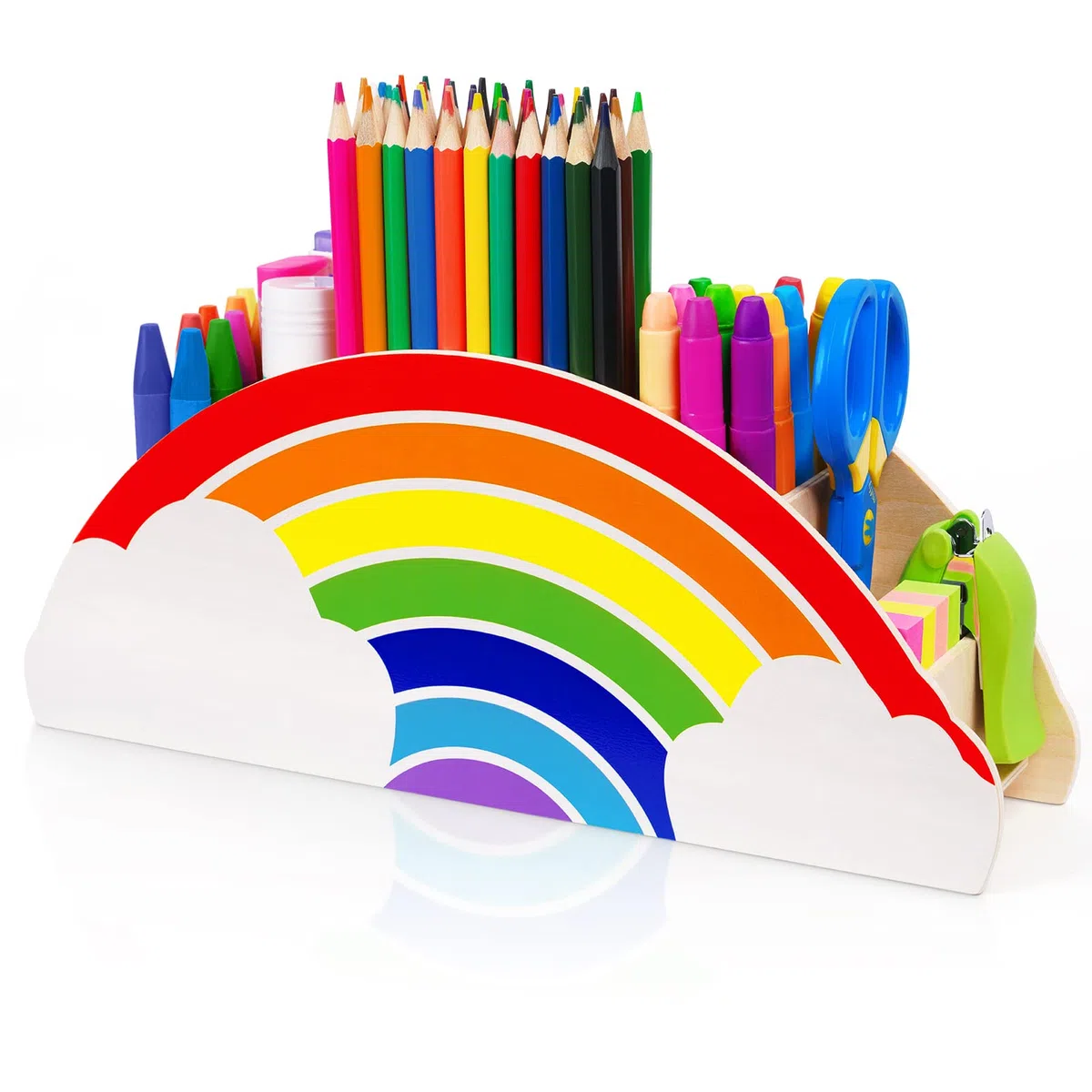 GAMENOTE - Organizer da scrivania in legno naturale con motivo arcobaleno, inodore, adatto ai bambini, portapenne per forniture per ufficio, aula e area studio, grazioso contenitore per bambini