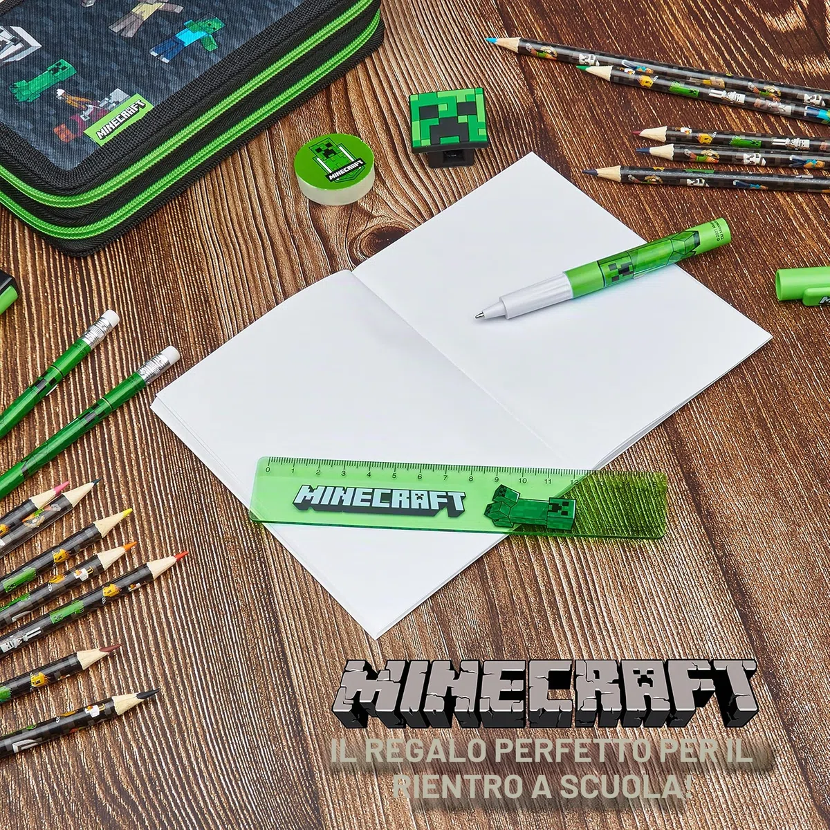 Minecraft Astuccio Matite per Bambini con Scomparti Multipli, Include Accessori Scuola (Nero)