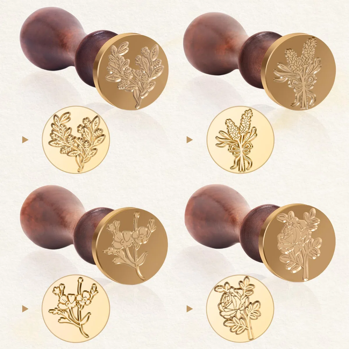 Set di timbri botanici, rosa, lavanda, eucalipto, foglia, cosmo, motivo floreale, testa in ottone, per matrimonio, biglietto di invito, busta, agenda