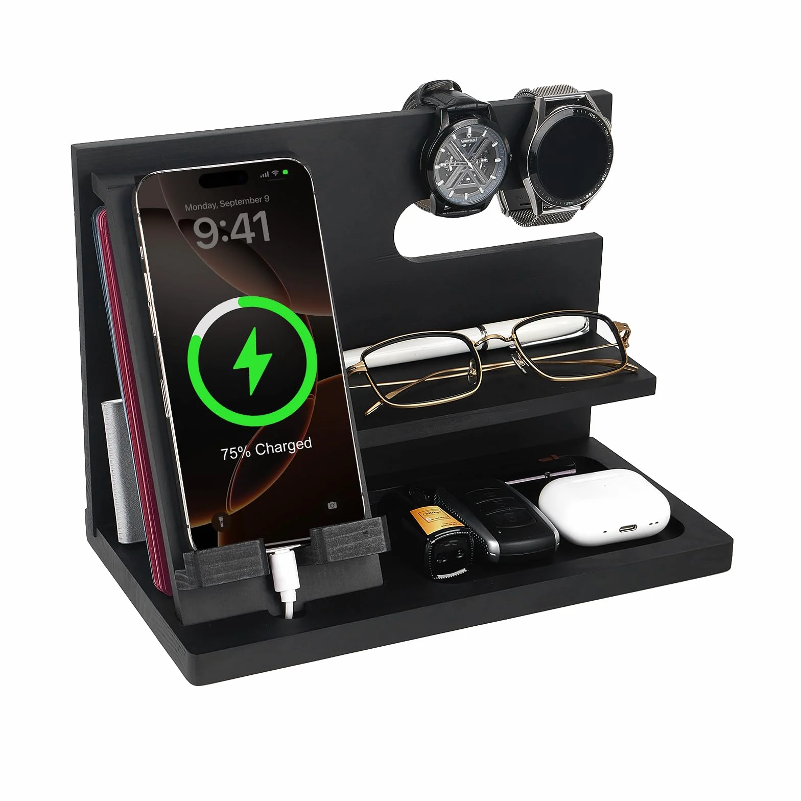 Idee Regalo Uomo Natale in legno Docking Station Scrivania Organizer Padri Regali Anniversario Uomo Regali di compleanno per lui Valentino Regalo Natale per Papa Comodino Portachiavi
