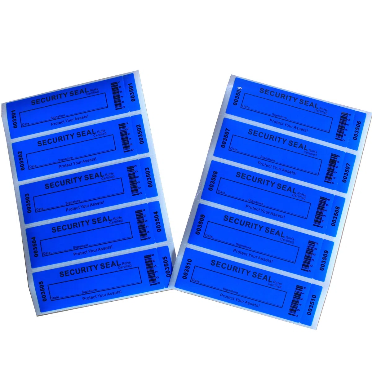 TamperSeals Group - 50pcs Non Trasferibile Antimanomissione di Sicurezza “VoidOpen” Etichette/Adesivi/Sigilli (Blu, 35 X 120 mm, Numeri di Serie Tripli)