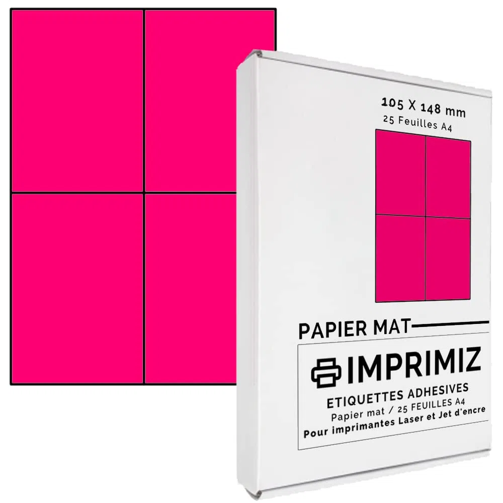 Etichette Adesive multiuso A4-105 x 148,5 mm - Colore fluo Rosa Opaco - 100 Etichette / 25 fogli - Per stampanti Laser/a getto d'Inchiostro