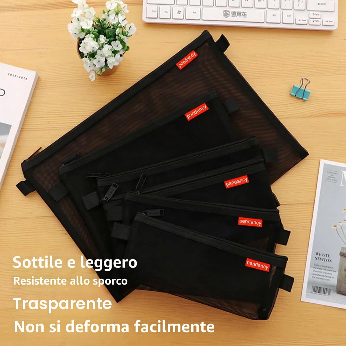Pendancy Astuccio da viaggio e ufficio in nylon, ultra leggero, con cerniera, in rete, dimensioni assortite, 5 pezzi (nero, assortito)