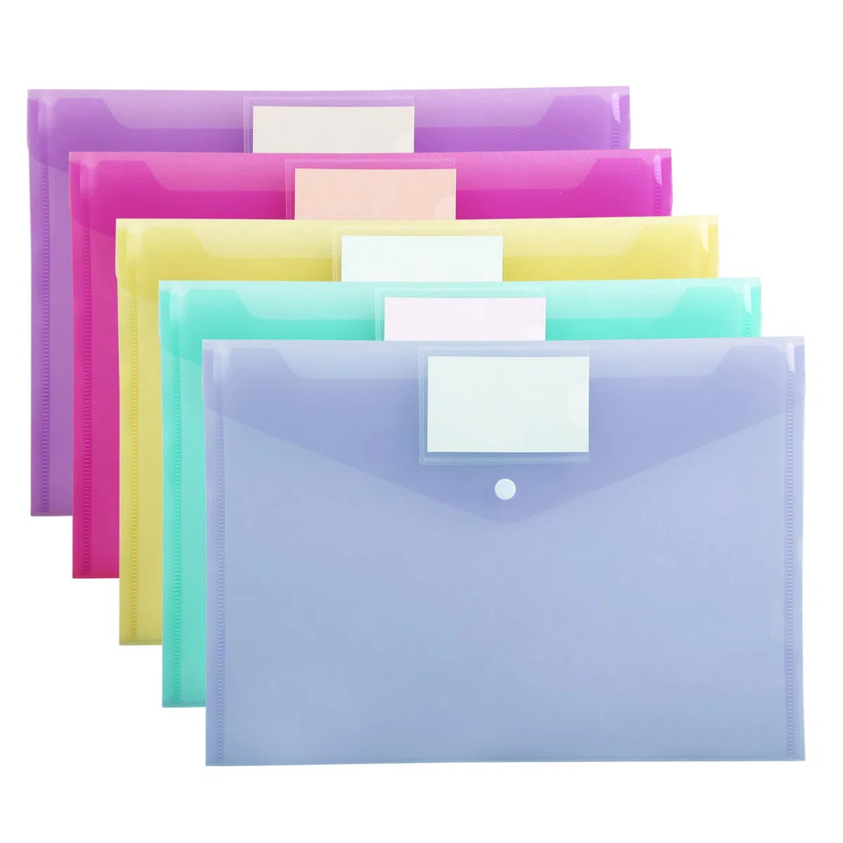 Cartelline Portadocumenti A4 Impermeabili – Set da 20 – Buste Plastica A4 con Etichette – Chiusura a Pressione 5 Colori Cartelline Trasparenti per Ufficio Scuola Archivio