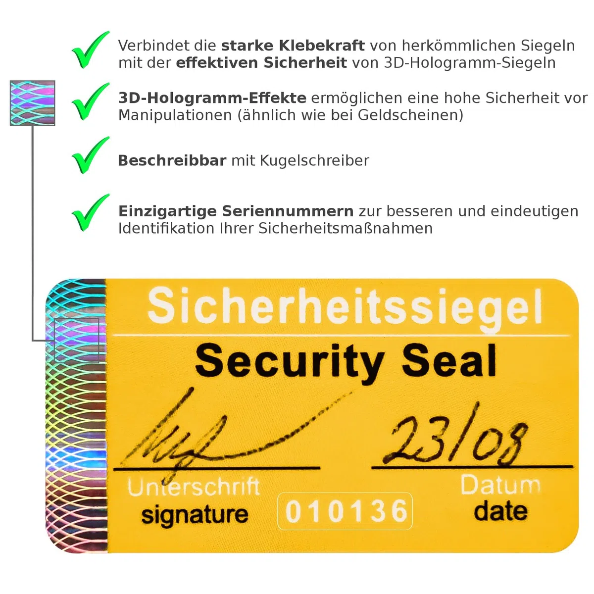 60 pezzi - Sigillo di sicurezza con numero di serie, 48 x 25 mm, giallo, scrivibile, sigillo di autenticità