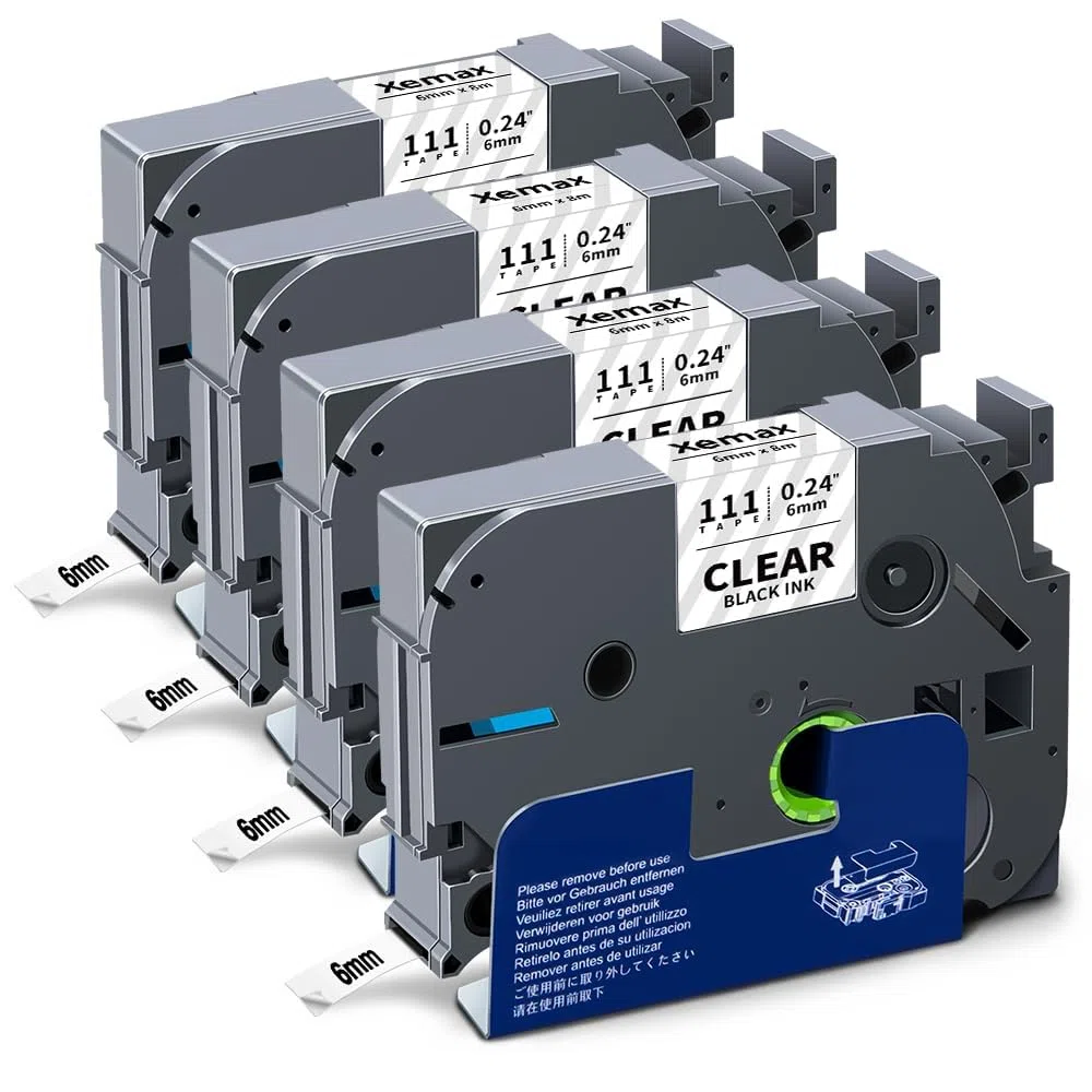 4x XemaX Nastro per Etichette Compatibile con Brother 6mm TZe-111 TZ-111 Ptouch Cassetta di Nastri Nero su trasparente per Brother P-Touch PT-1010 E110 H100R H110 H101C H108 E100 H100LB H105 P300BT
