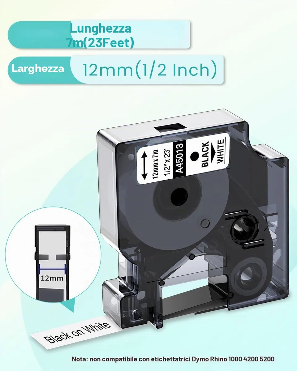A45013 Nastro Oozmas Compatibile con Dymo D1 45013 12mm x 7m Nero su Bianco, Cartucce Label Cassette Compatibile con Dymo Label Manager LM160 LM210d LM260p LM280 LM360d, confezione da 5