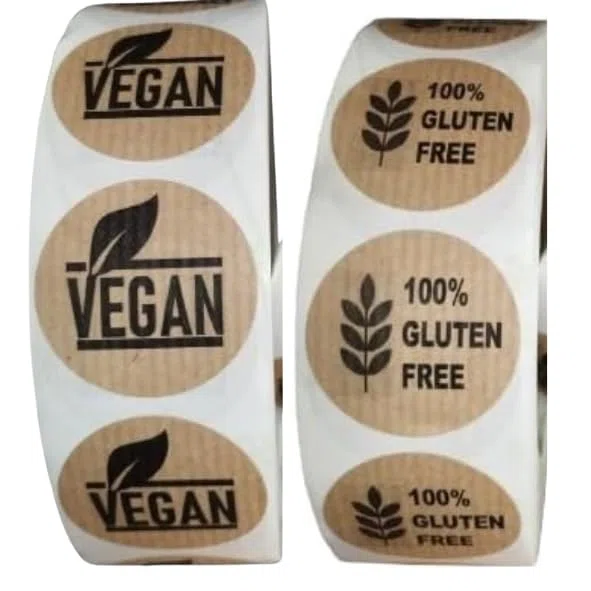 1000 etichette adesive Kraft per alimenti, 500 vegane e 500 senza glutine, rotolo da 22 mm, adesivi per prodotti vegani, senza glutine, pasticceria, imballaggi e negozi alimentari