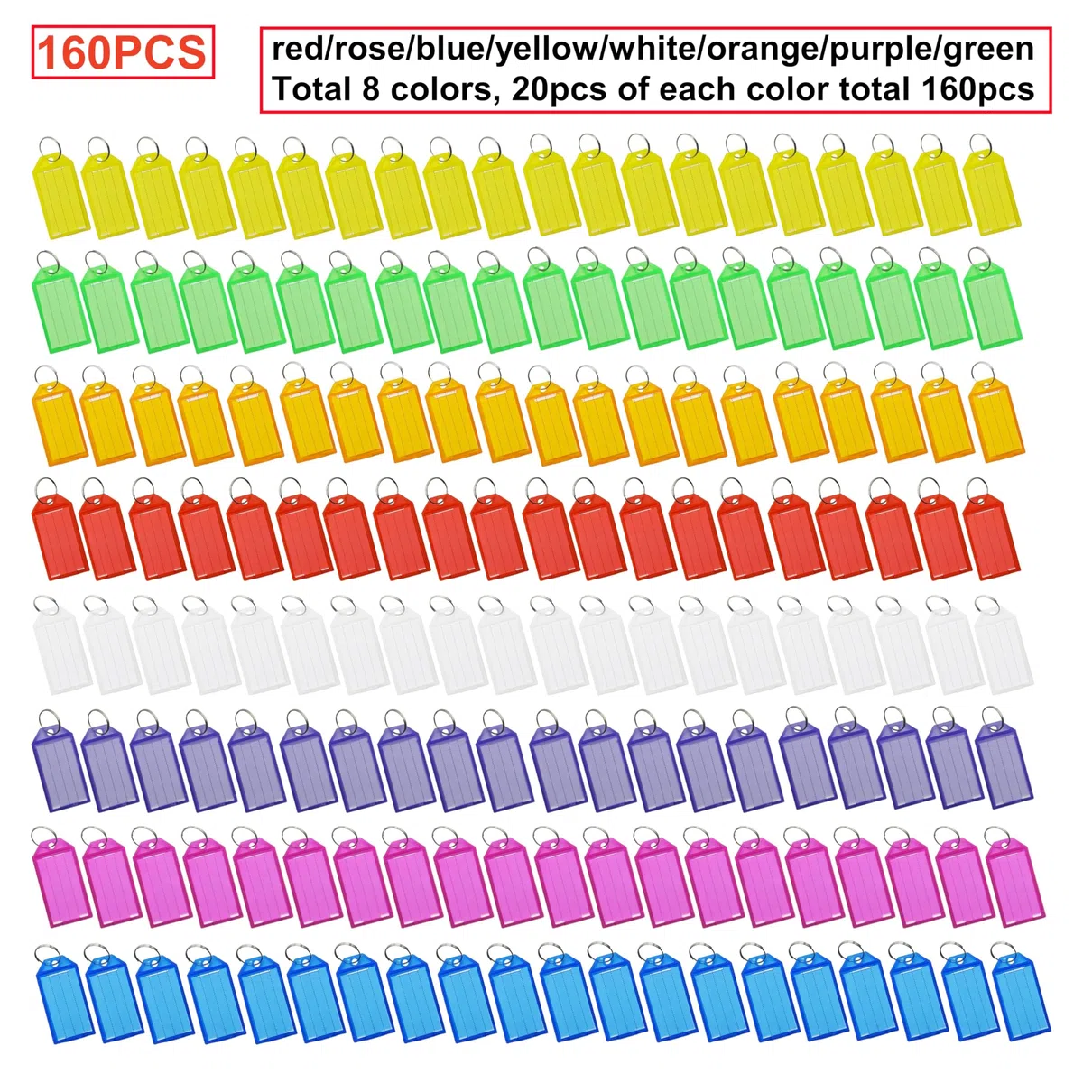 HUAZIZ 160 Pezzi Targhette Portachiavi Scrivibile, Portachiavi Plastica con Etichette in Carta Bianca Coperture Trasparenti e Anelli Spaccati Robusti Identificatori di Articoli, 8 Colori
