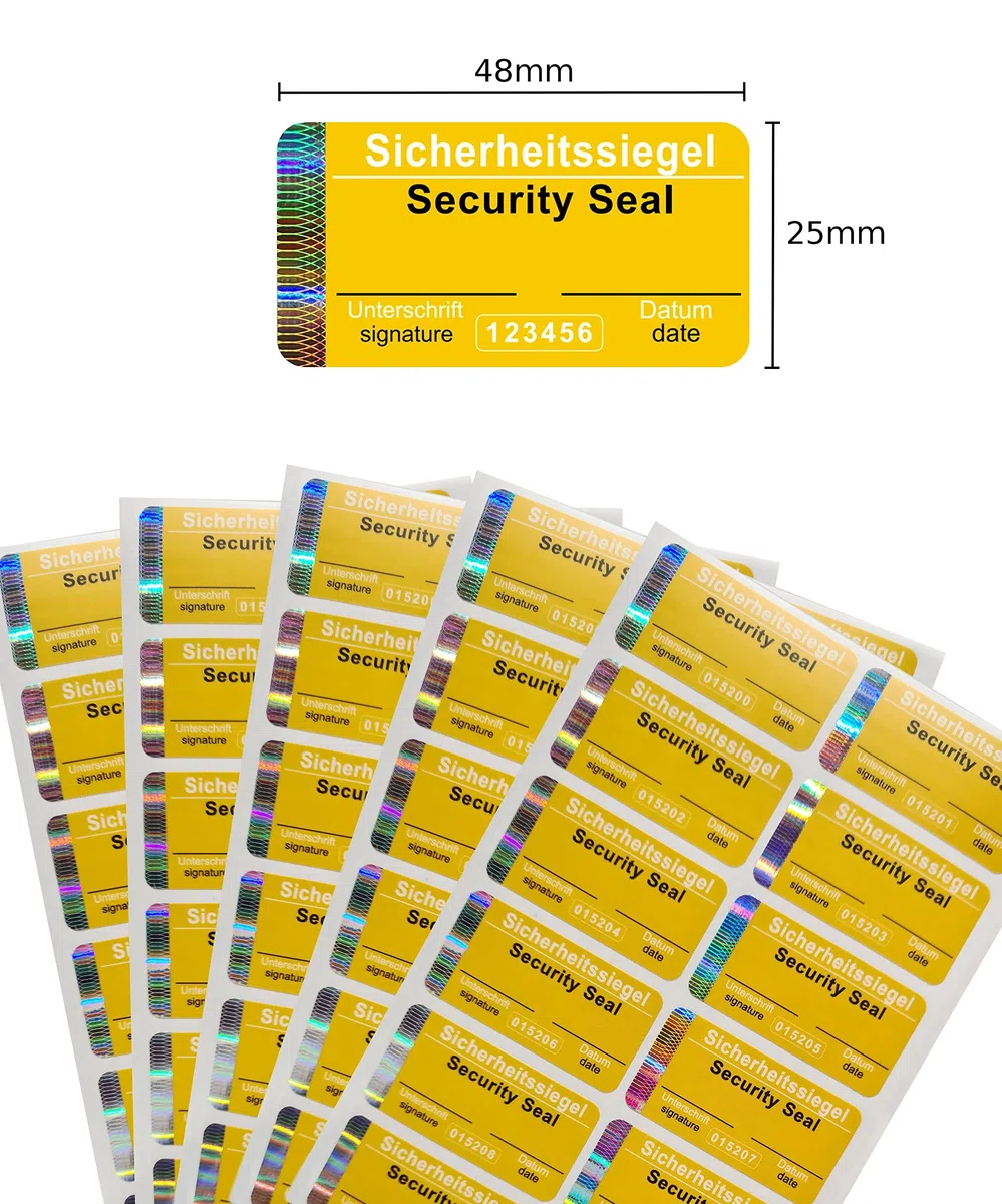 60 pezzi - Sigillo di sicurezza con numero di serie, 48 x 25 mm, giallo, scrivibile, sigillo di autenticità