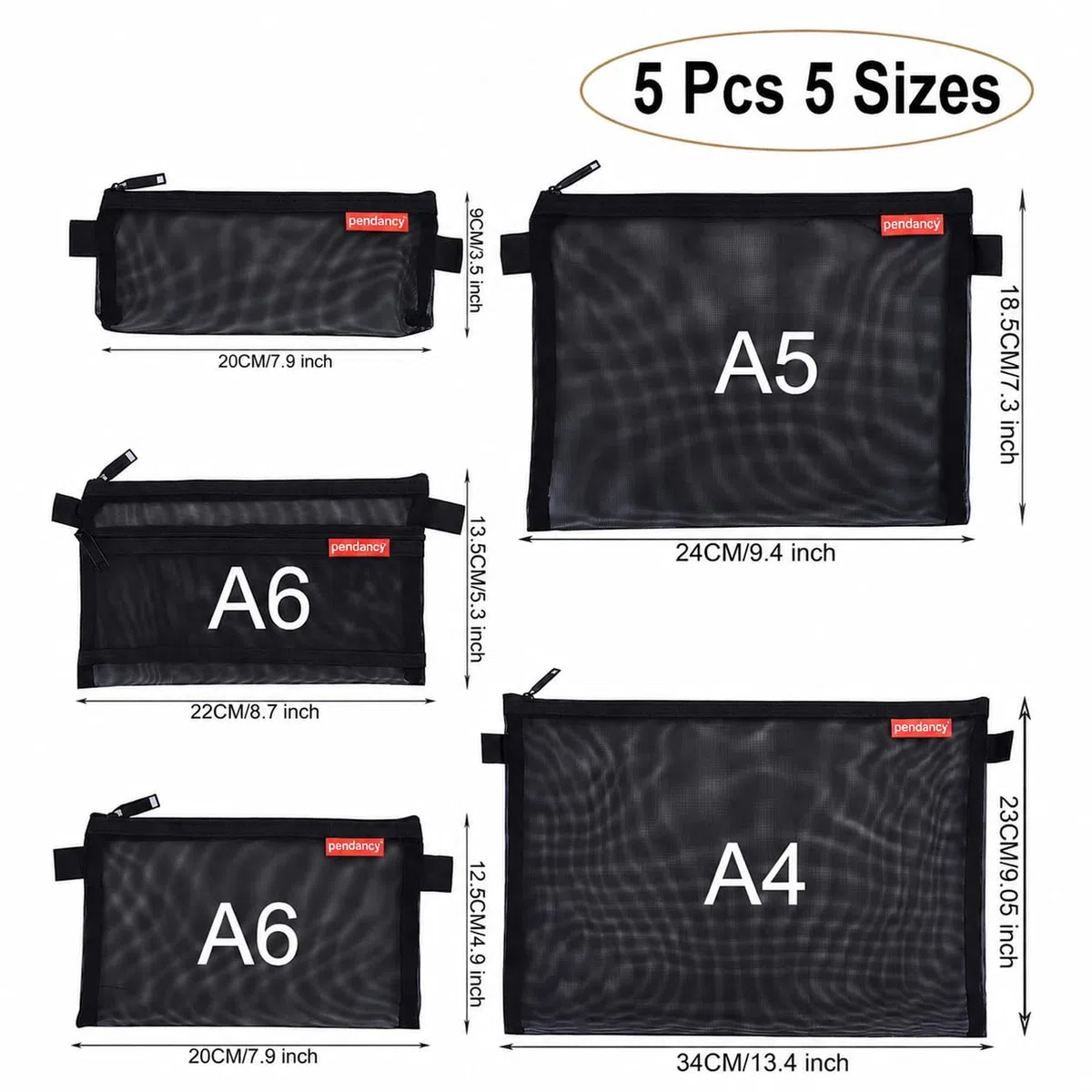 Pendancy Astuccio da viaggio e ufficio in nylon, ultra leggero, con cerniera, in rete, dimensioni assortite, 5 pezzi (nero, assortito)