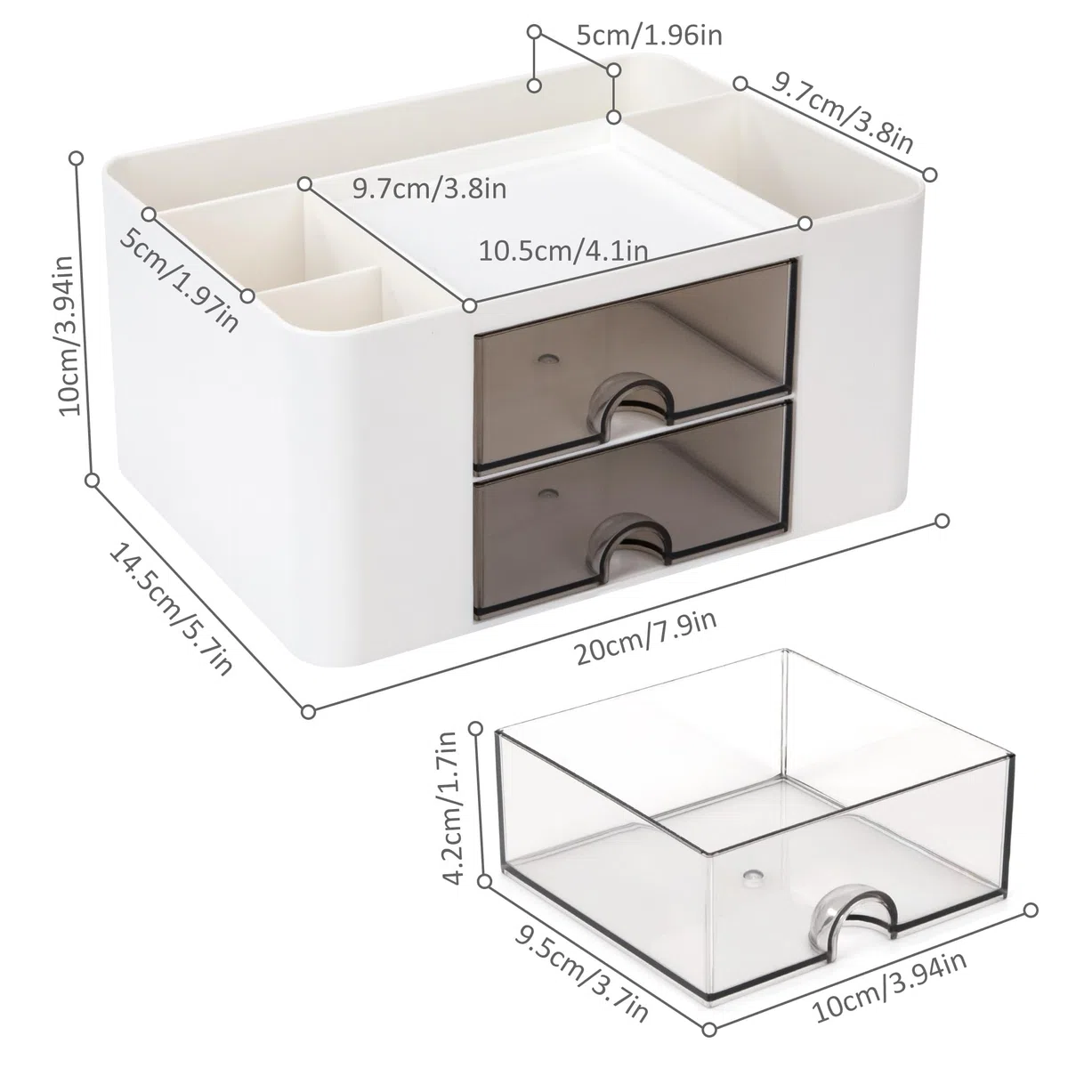 Organizer da Scrivania, Multifunzione Organizzatore di Cancelleria in Plastica Porta Penne con 2 Cassetti e 5 Scomparti Accessori da Scrivania per Ufficio Casa Scuola, Bianco
