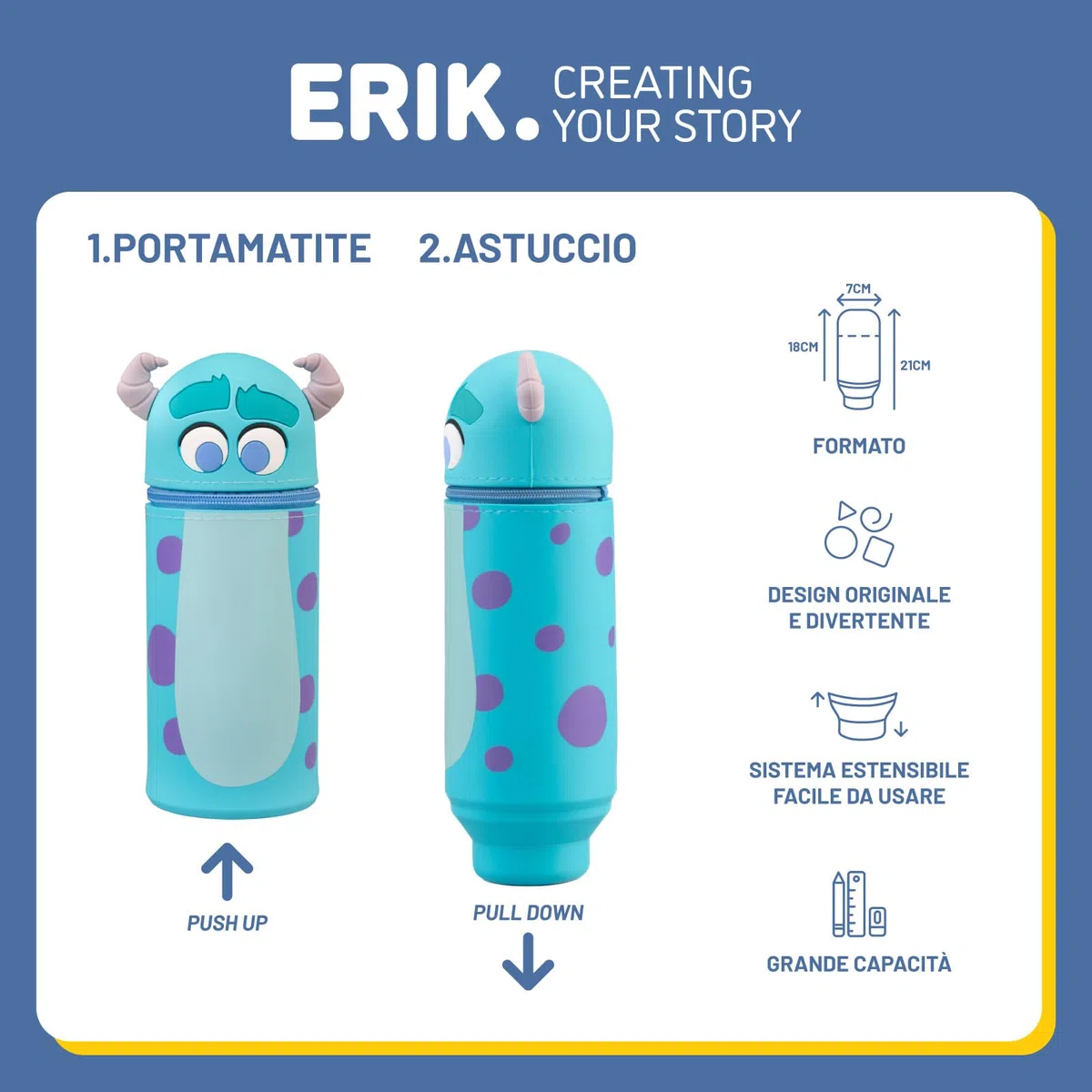 Grupo Erik Astuccio Monsters & Co. 3D - Astuccio Scuola Piccolo in Morbido Silicone, Portapenne da Scrivania 2 in 1 | Back to School: Cancelleria Bambino e Bambina Disney, Sulley (7 x 18 cm)