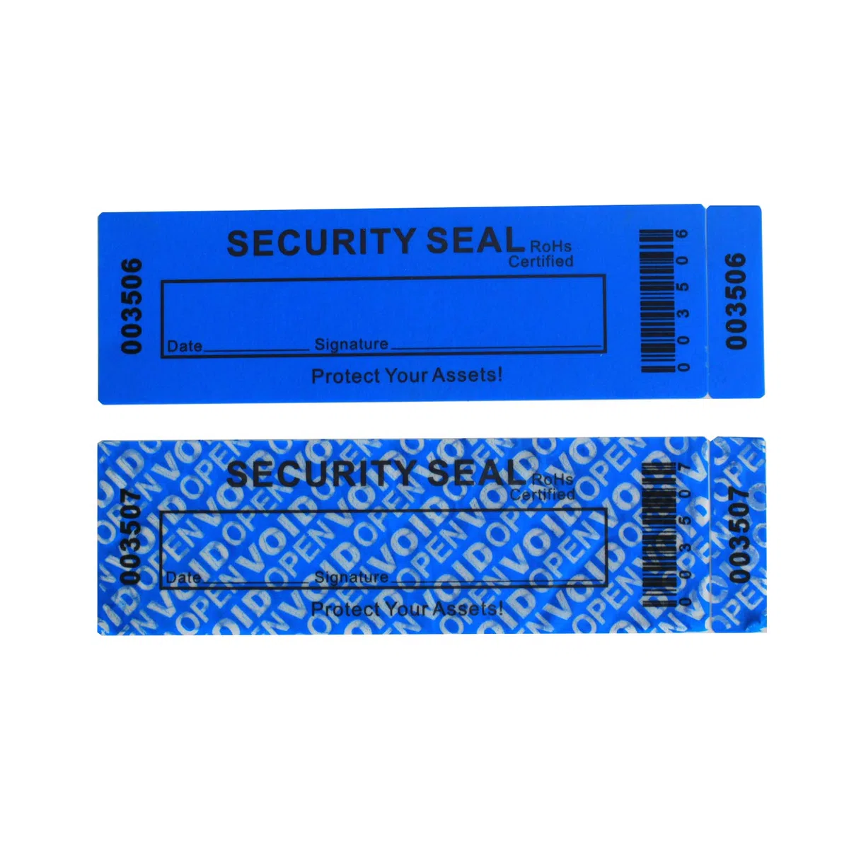TamperSeals Group - 50pcs Non Trasferibile Antimanomissione di Sicurezza “VoidOpen” Etichette/Adesivi/Sigilli (Blu, 35 X 120 mm, Numeri di Serie Tripli)