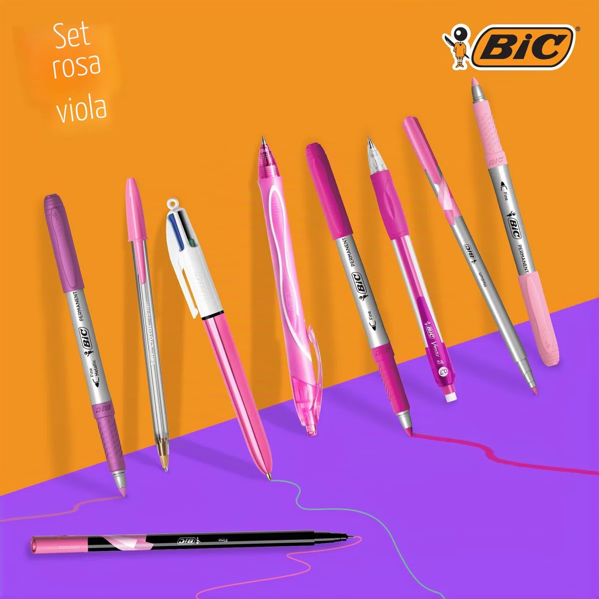 BIC Pink & Purple, Set Con Astuccio, 2 Penne A Sfera, 1 Penna Gel Cancellabile, 1 Pennarello Punta Fine, 1 Matita in Grafite, 1 Fineliner punta media, 3 Pennarelli Indelebili, Kit Scrittura, 10 Unità