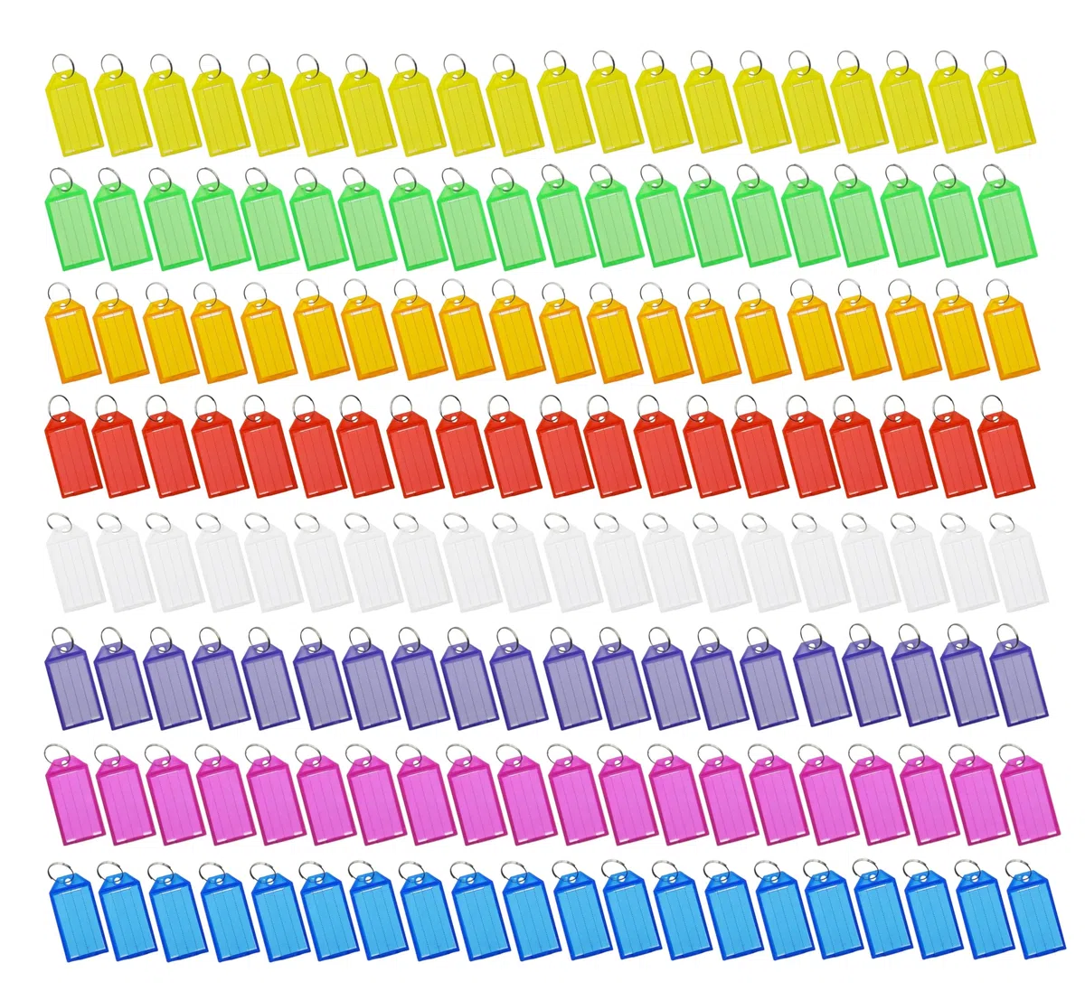 HUAZIZ 160 Pezzi Targhette Portachiavi Scrivibile, Portachiavi Plastica con Etichette in Carta Bianca Coperture Trasparenti e Anelli Spaccati Robusti Identificatori di Articoli, 8 Colori