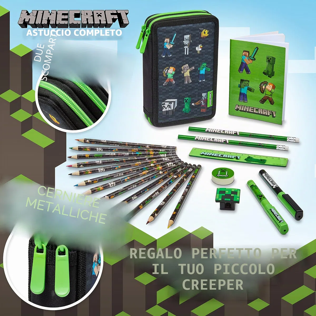 Minecraft Astuccio Matite per Bambini con Scomparti Multipli, Include Accessori Scuola (Nero)