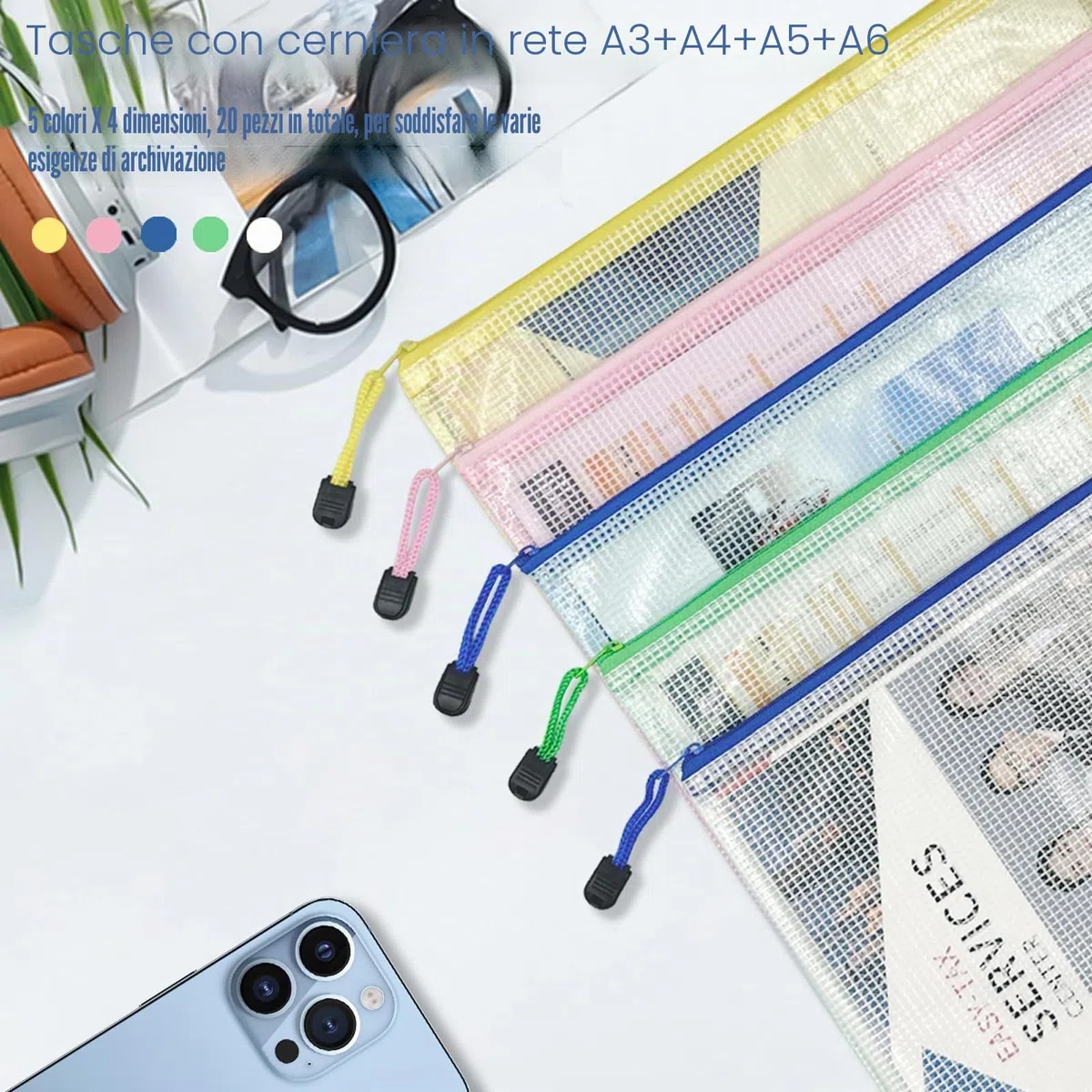 Reticolare Zip Porta Documenti A3+A4+A5+A6, 20 Pezzi Portadocumenti per Organizzare lo Spazio, Porta Documenti Trasparente in PVC Impermeabile per Ufficio, Carta, Cosmetici e Accessori da Viaggio