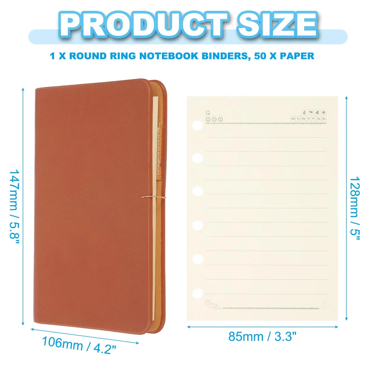 PATIKIL 6 Anelli Copertina Binder, A7 Taccuino In Pelle Mini Ricaricabile Con 50 Fogli A Righe, Planner Personale, Marrone