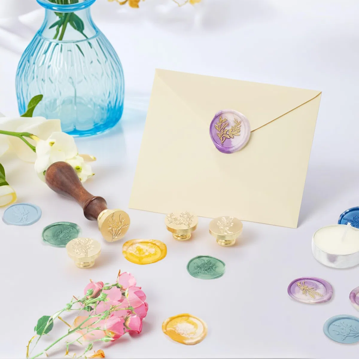 Set di timbri botanici, rosa, lavanda, eucalipto, foglia, cosmo, motivo floreale, testa in ottone, per matrimonio, biglietto di invito, busta, agenda