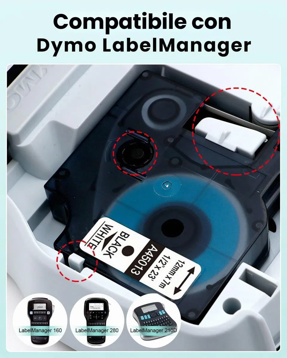A45013 Nastro Oozmas Compatibile con Dymo D1 45013 12mm x 7m Nero su Bianco, Cartucce Label Cassette Compatibile con Dymo Label Manager LM160 LM210d LM260p LM280 LM360d, confezione da 5