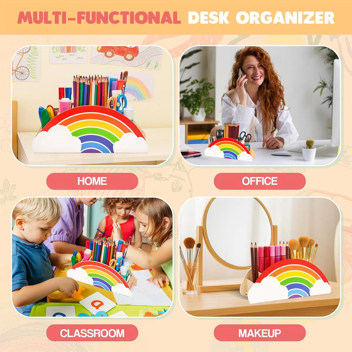 GAMENOTE - Organizer da scrivania in legno naturale con motivo arcobaleno, inodore, adatto ai bambini, portapenne per forniture per ufficio, aula e area studio, grazioso contenitore per bambini