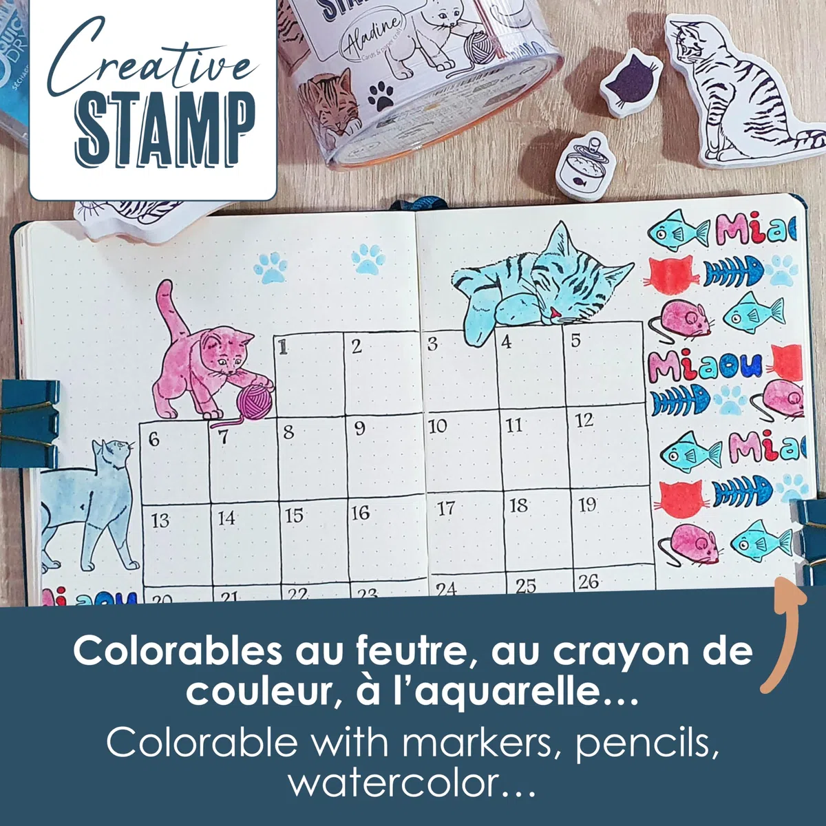 Aladine -16 Timbri Gatti con Inchiostratore - Schiuma & Gomma - per Carteria, Bullet Journal, Scrapbooking, Hobby, Disegno - Creative Stamp - Idea Regalo Bambino Adulto, 03714
