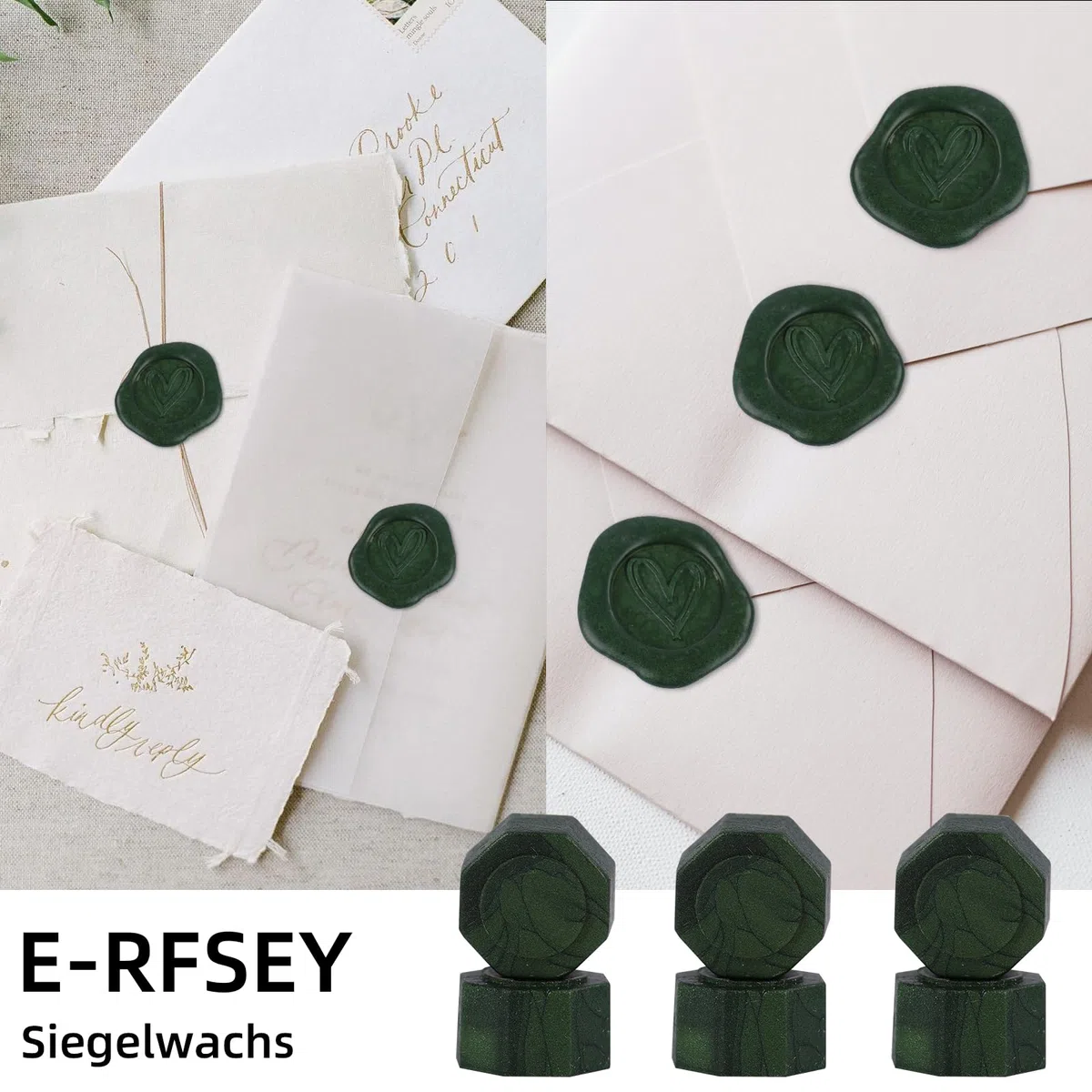 Kit Ceralacca Vintage - Timbro Cuore (Amore, Verde Scuro) - 300 Pezzi per Buste, Inviti, Biglietti, Regali e Timbri