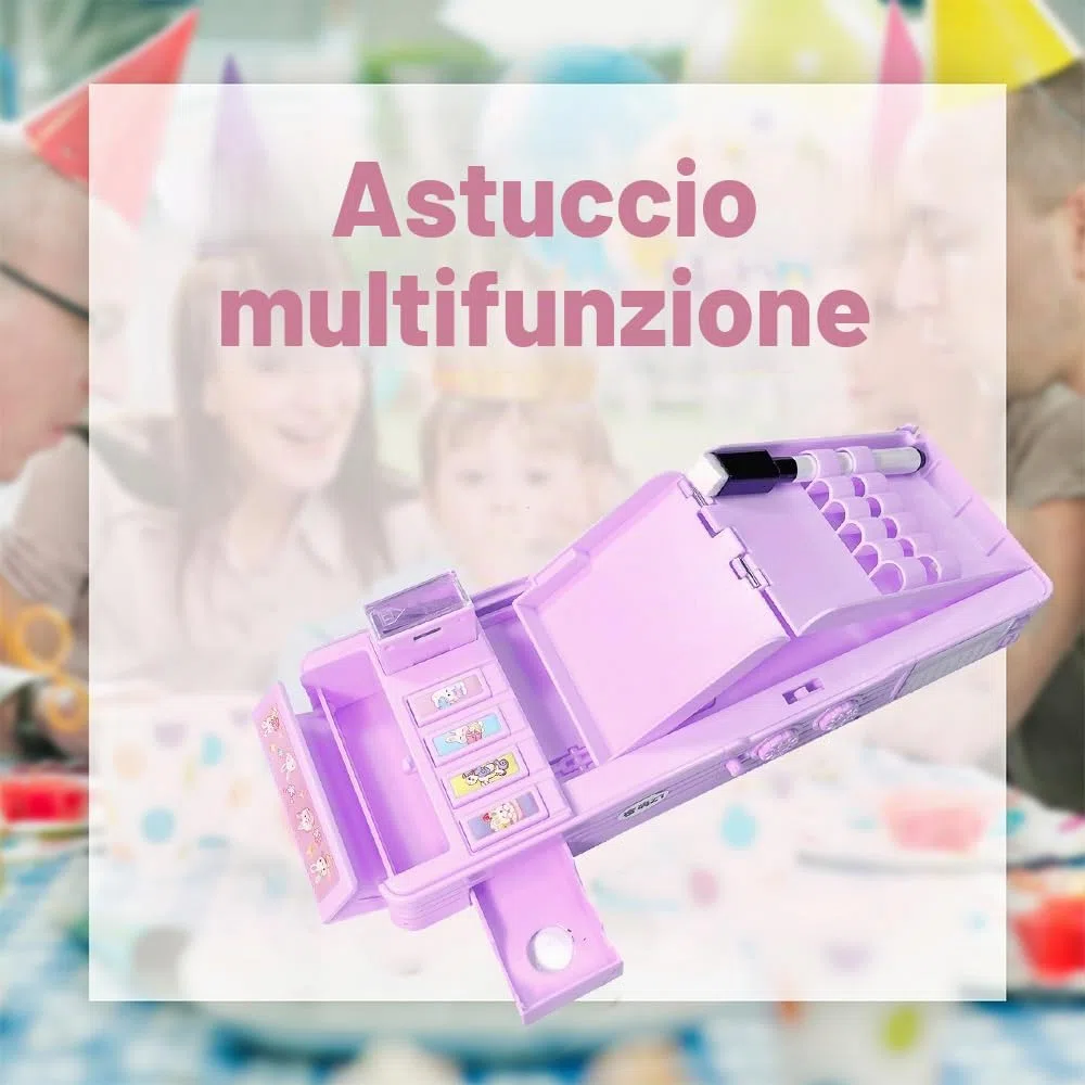 Astuccio multifunzione pieghevole per bambine e bambini, grazioso organizer per penne, personaggi dei cartoni, (solo il rosa ha la serratura), temperamatite, orario, lavagna bianca,