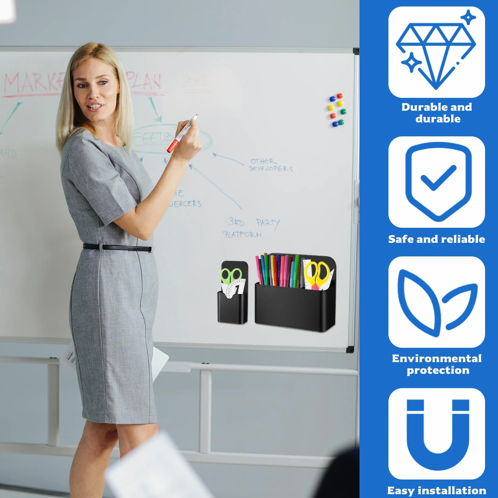 3 Pz Portapenne Magnetico, Porta Pennarelli Magnetici, Porta Pennarello Magnetico Organizer per Lavagna Bianca Lavagna Magnetica Frigorifero Ufficio Casa, con 2 Gomme e 2 Penne(2 Misure, Nero)