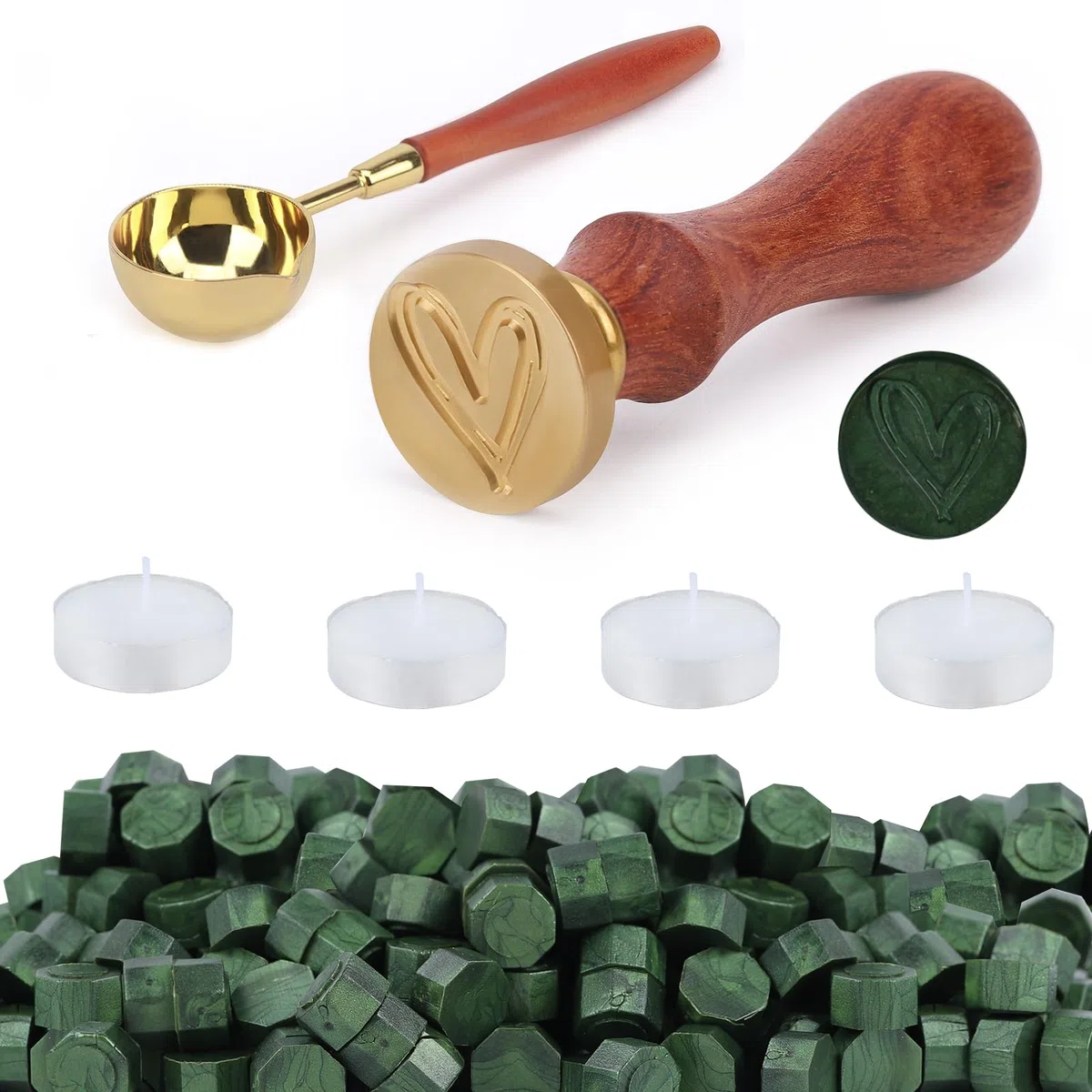 Kit Ceralacca Vintage - Timbro Cuore (Amore, Verde Scuro) - 300 Pezzi per Buste, Inviti, Biglietti, Regali e Timbri