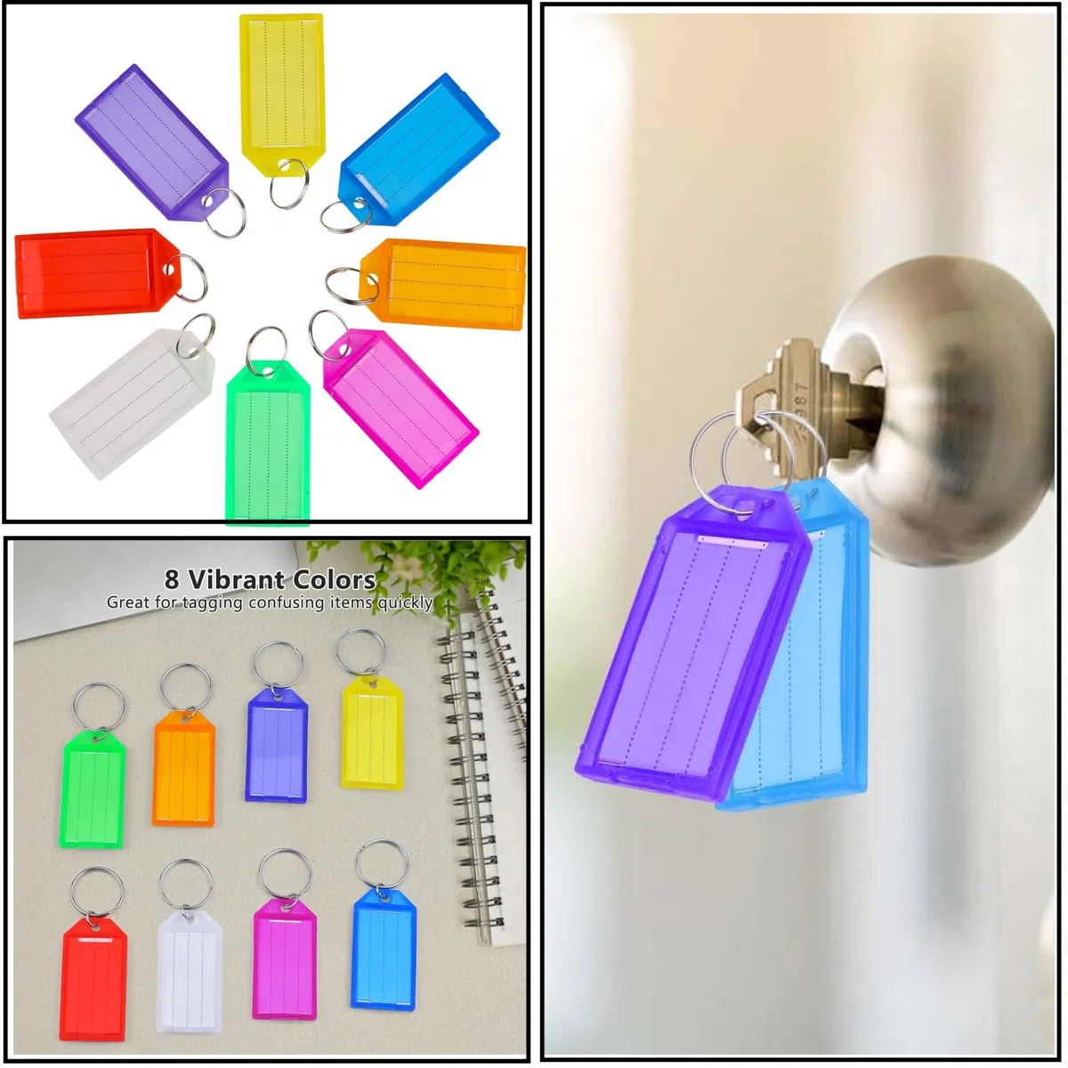 HUAZIZ 160 Pezzi Targhette Portachiavi Scrivibile, Portachiavi Plastica con Etichette in Carta Bianca Coperture Trasparenti e Anelli Spaccati Robusti Identificatori di Articoli, 8 Colori