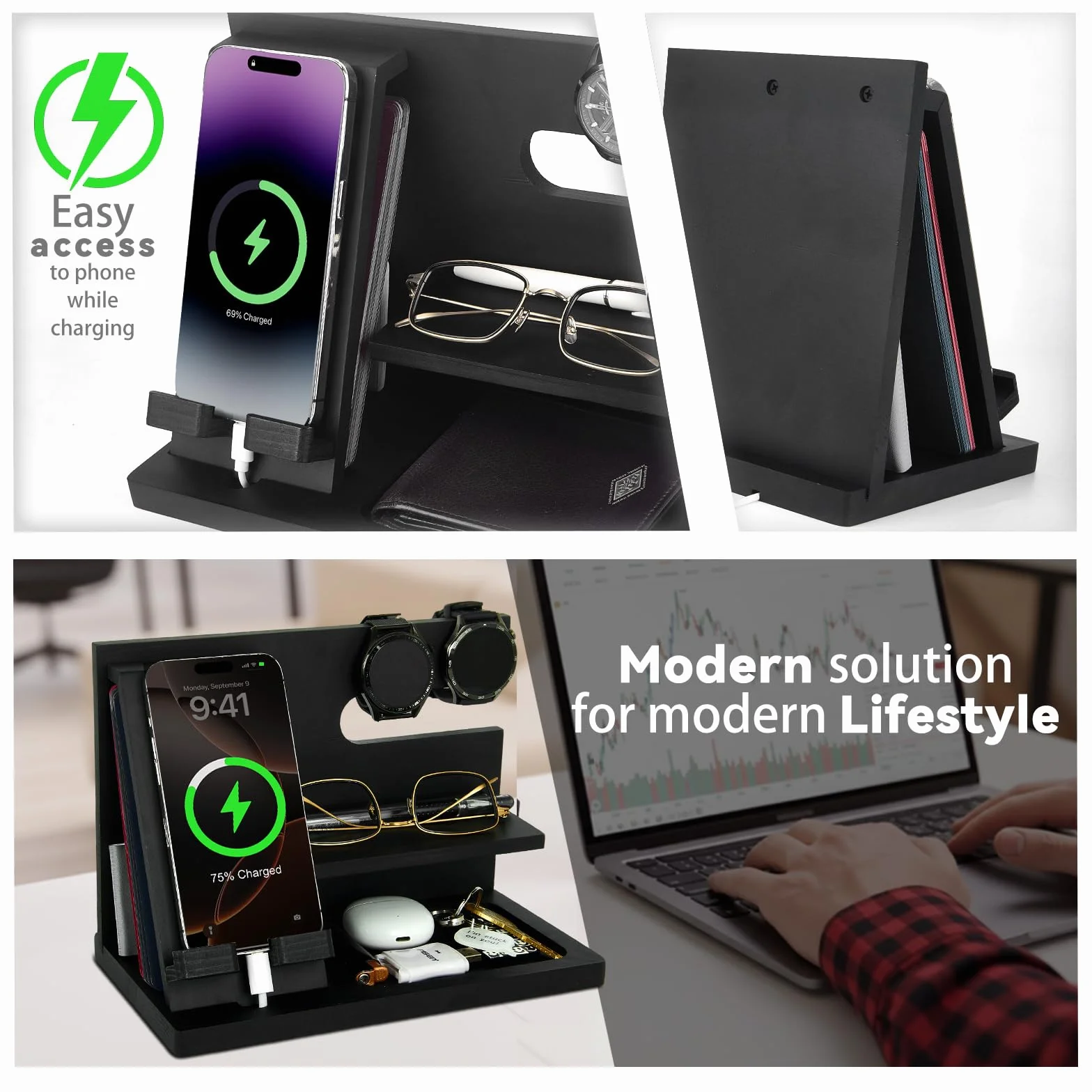 Idee Regalo Uomo Natale in legno Docking Station Scrivania Organizer Padri Regali Anniversario Uomo Regali di compleanno per lui Valentino Regalo Natale per Papa Comodino Portachiavi