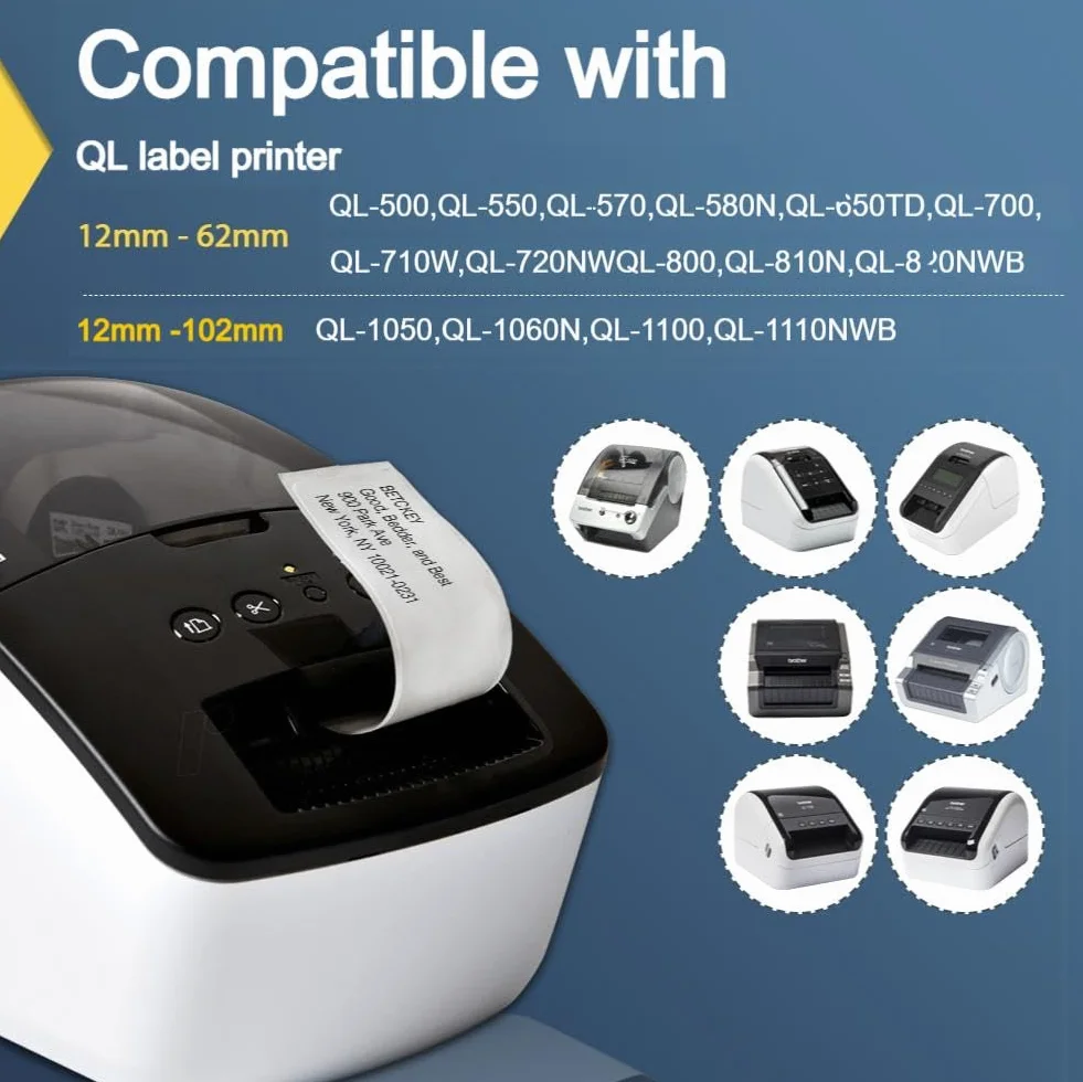 BETCKEY - 6 Rotoli DK-22225 Etichette a Lunghezza Continua Compatibile con Brother, 38mm x 30.48m, 6 Etichette per Stampanti di Etichette Brother QL (1 Portaetichette Riutilizzabili)