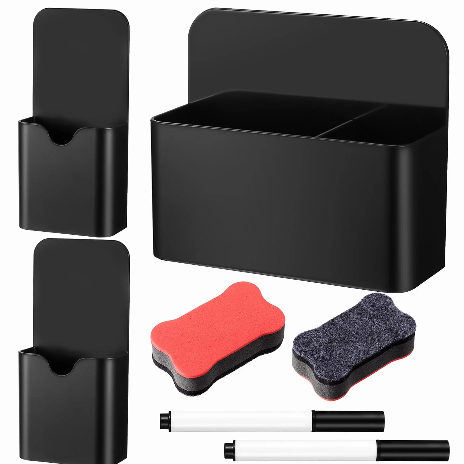 3 Pz Portapenne Magnetico, Porta Pennarelli Magnetici, Porta Pennarello Magnetico Organizer per Lavagna Bianca Lavagna Magnetica Frigorifero Ufficio Casa, con 2 Gomme e 2 Penne(2 Misure, Nero)