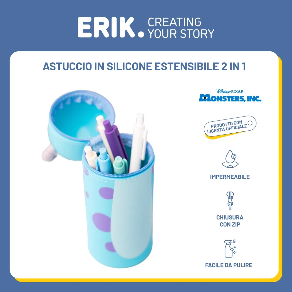 Grupo Erik Astuccio Monsters & Co. 3D - Astuccio Scuola Piccolo in Morbido Silicone, Portapenne da Scrivania 2 in 1 | Back to School: Cancelleria Bambino e Bambina Disney, Sulley (7 x 18 cm)