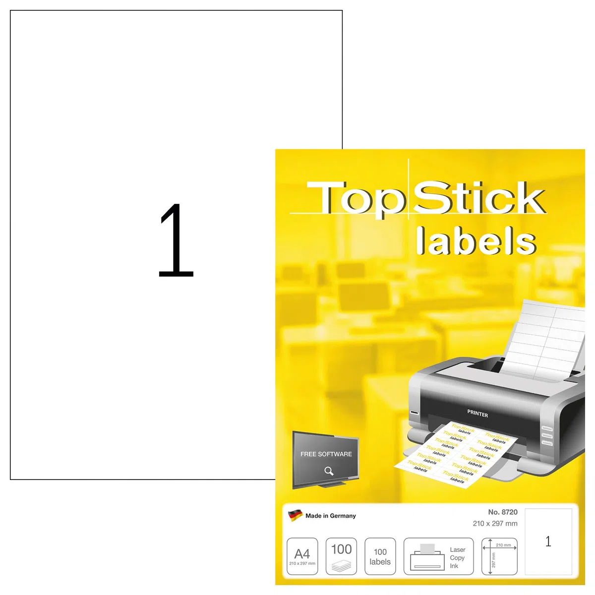 TopStick Etichette multiuso autoadesive, 1 etichetta per foglio A4, 100 fogli, 210 x 297 mm, 100 etichette, etichette universali vuote, per stampanti laser e inkjet, bianco