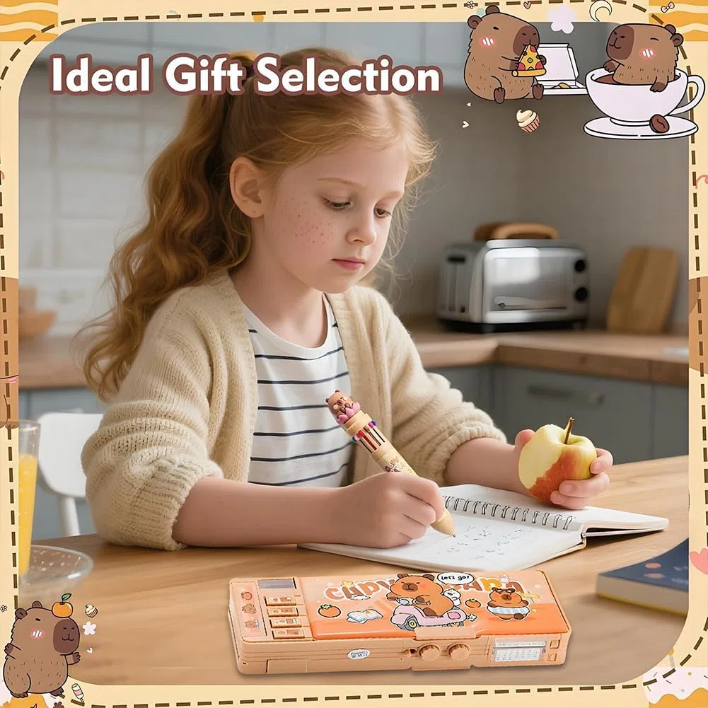 Capybara Astuccio Multifunzione Pop Up, 12 In 1 Multicolori Penna, Capybara Set di Astuccio, Con Serratura a Password, Penna a Sfera Retrattile, Regalo Carino per Bambini & Studenti